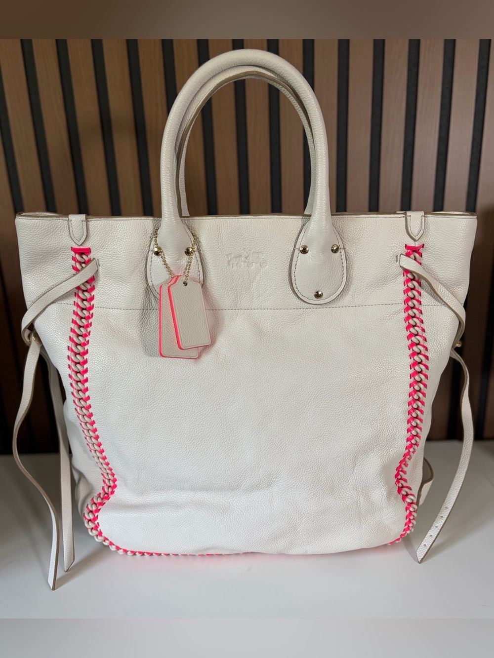 Rare Coach Tatum Tote Chalk White Leather with Pink Trim F35156